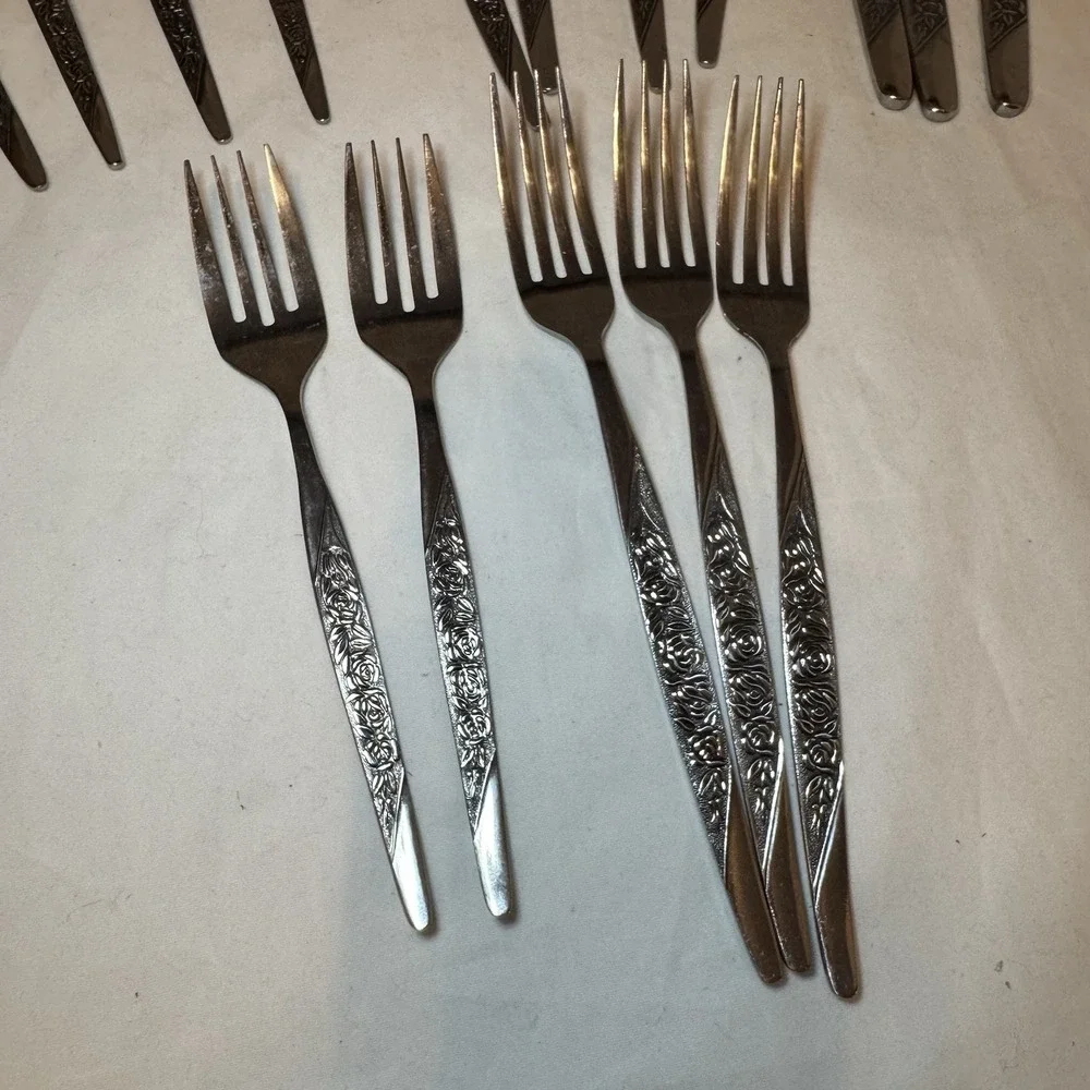 National CARESS Nasco ROSEVINE Floral Stainless Flatware Set‎ Of 18 **Read**